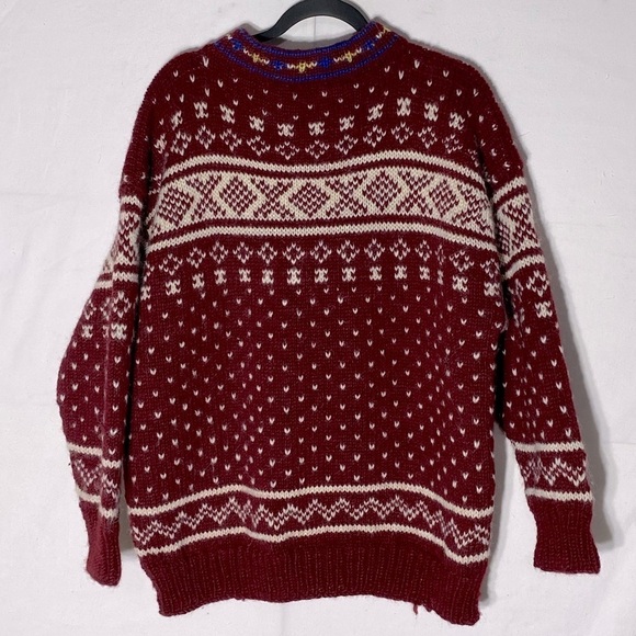 Namaste Woolens Hand Crafted In Nepal Red White Jacquard Knit Sweater L - Picture 5 of 12